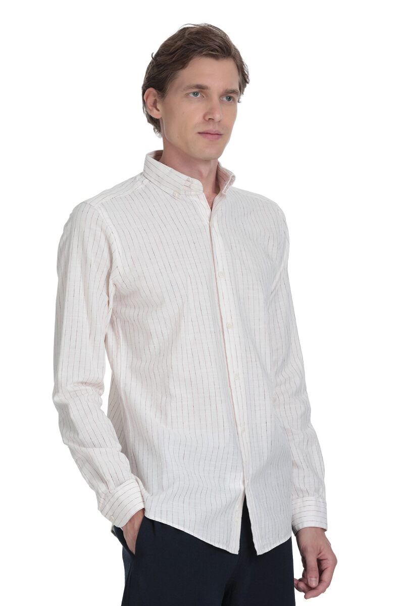 Krem Comfort Fit Çizgili Düğmeli Yaka Pamuk-Keten Uzun Kollu Gömlek - Saykı (1)