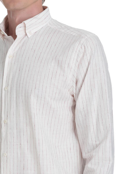 Krem Comfort Fit Çizgili Düğmeli Yaka Pamuk-Keten Uzun Kollu Gömlek - 4