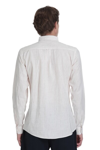 Krem Comfort Fit Çizgili Düğmeli Yaka Pamuk-Keten Uzun Kollu Gömlek - 5