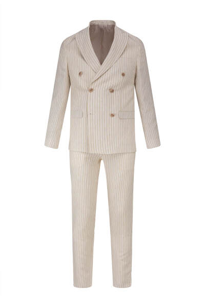 Krem Regular Fit Çizgili Kruvaze Keten Takım Elbise - 2