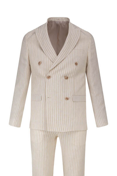 Krem Regular Fit Çizgili Kruvaze Keten Takım Elbise - 3