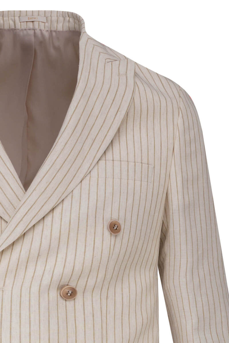 Krem Regular Fit Çizgili Kruvaze Keten Takım Elbise - Saykı (1)