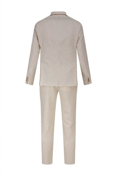 Krem Regular Fit Çizgili Kruvaze Keten Takım Elbise - 6
