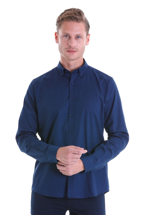 HTML - Lacivert Comfort Fit Düz 100% Pamuk Düğmeli Yaka Uzun Kollu Casual Gömlek