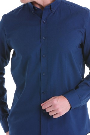 Lacivert Comfort Fit Düz 100% Pamuk Düğmeli Yaka Uzun Kollu Casual Gömlek - Thumbnail