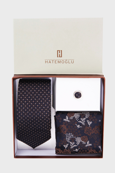 Lacivert Üçlü Kravat Mendil Yaka Rozeti Set - 2