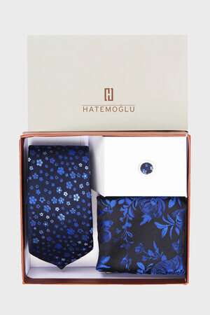 Lacivert Üçlü Kravat Mendil Yaka Rozeti Set - 4