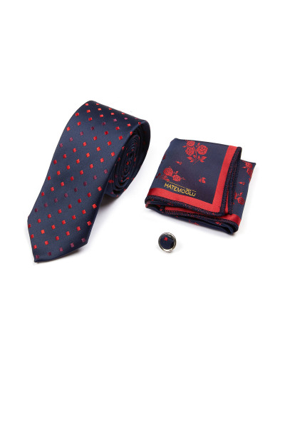 Siyah Üçlü Kravat Mendil Yaka Rozeti Set - 2