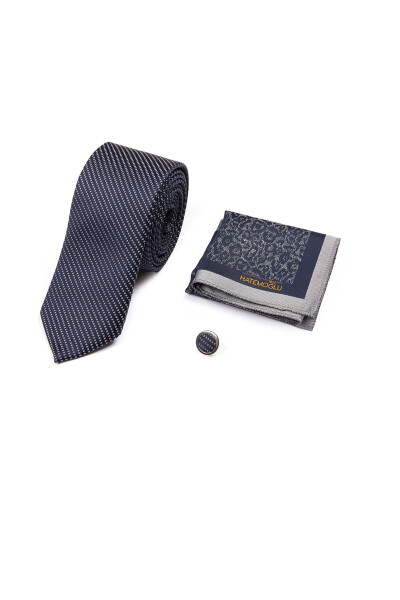 Lacivert Üçlü Kravat Mendil Yaka Rozeti Set - 1