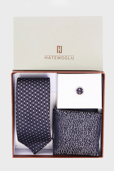 Lacivert Üçlü Kravat Mendil Yaka Rozeti Set - 2