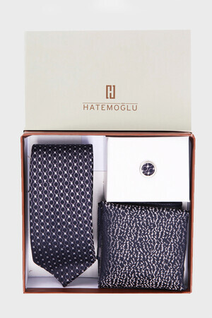 Lacivert Üçlü Kravat Mendil Yaka Rozeti Set - 4