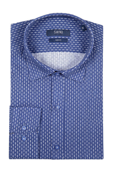 Lacivert Slim Fit Baskılı Uzun Kol Keten Gömlek - 1