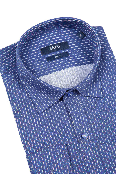 Lacivert Slim Fit Baskılı Uzun Kol Keten Gömlek - 3