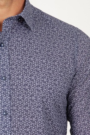 Lacivert Slim Fit Baskılı 100% Pamuk Uzun Kol Spor Gömlek - Thumbnail