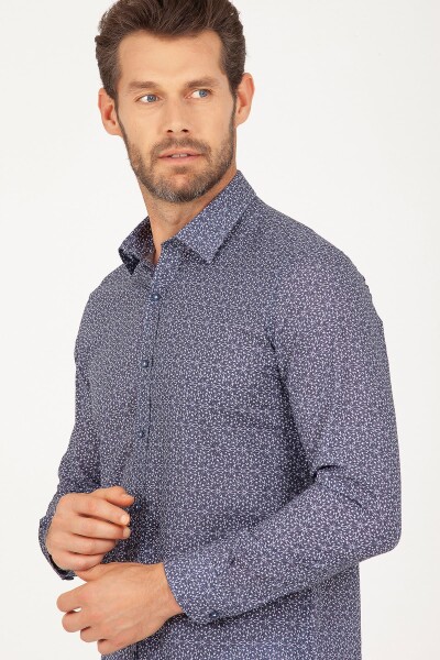 Lacivert Slim Fit Baskılı 100% Pamuk Uzun Kol Spor Gömlek - 3