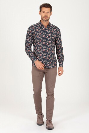 Lacivert Slim Fit Baskılı 100% Pamuk Uzun Kol Spor Gömlek - Thumbnail