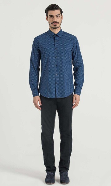 Lacivert Baskılı Slim Fit Gömlek - 2