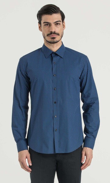 Lacivert Baskılı Slim Fit Gömlek - 1