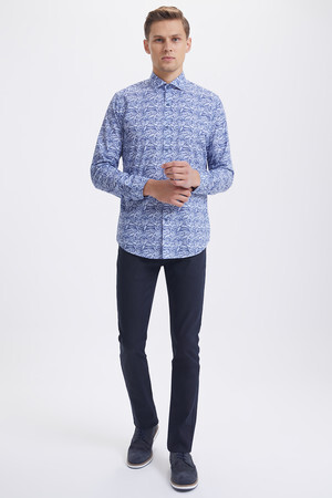 Lacivert Baskılı Slim Fit Gömlek - Thumbnail