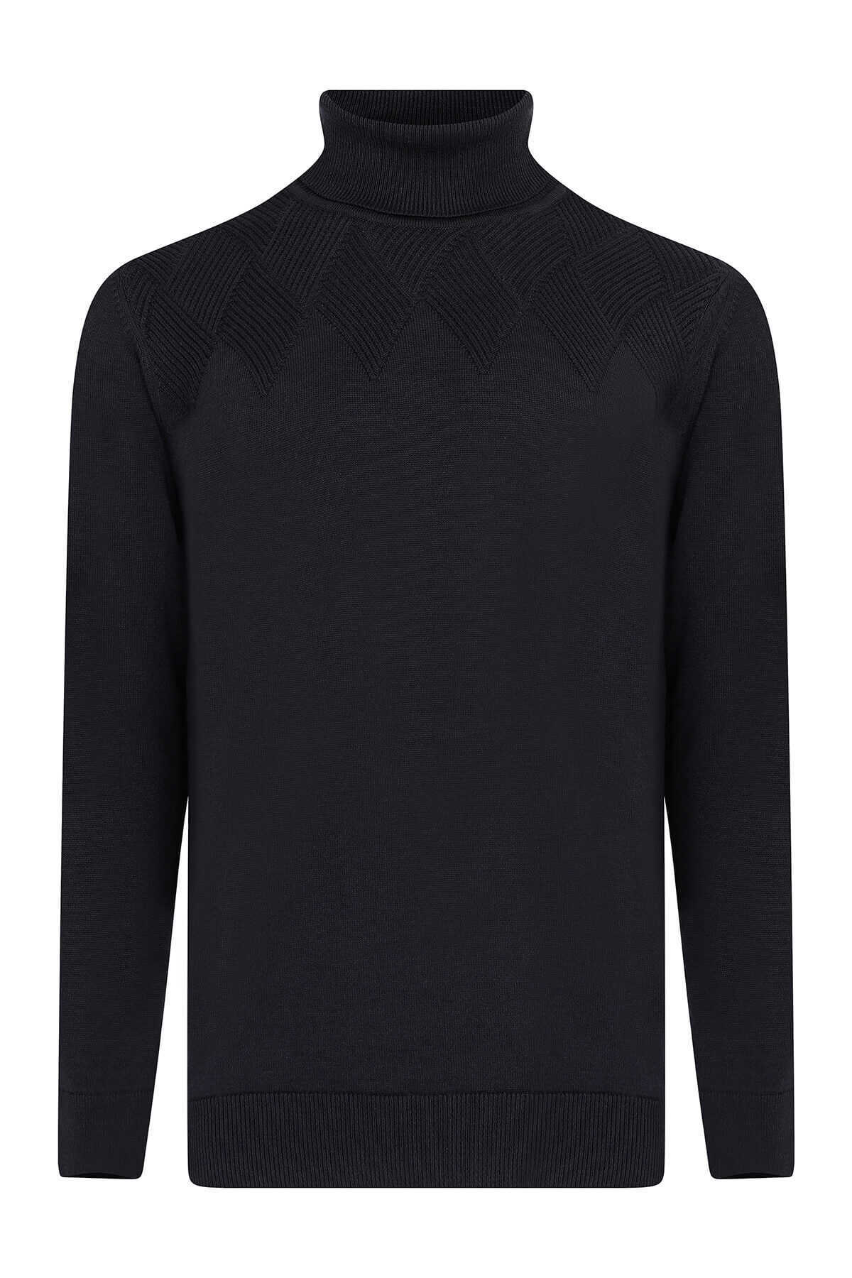 Lacivert Regular Fit Desenli Pamuklu Balıkçı Yaka Triko Kazak - 5