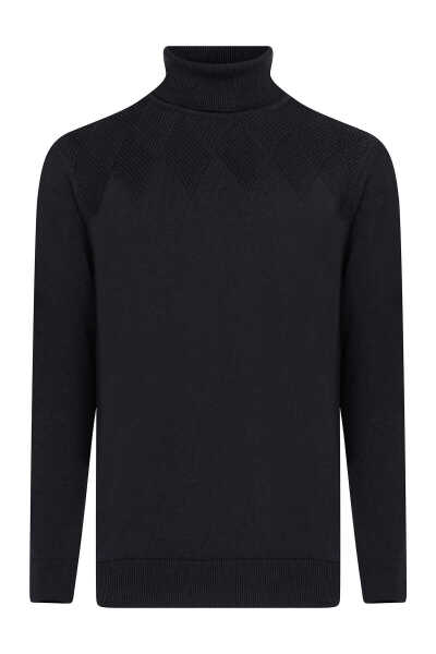 Lacivert Regular Fit Desenli Pamuklu Balıkçı Yaka Triko Kazak - 2