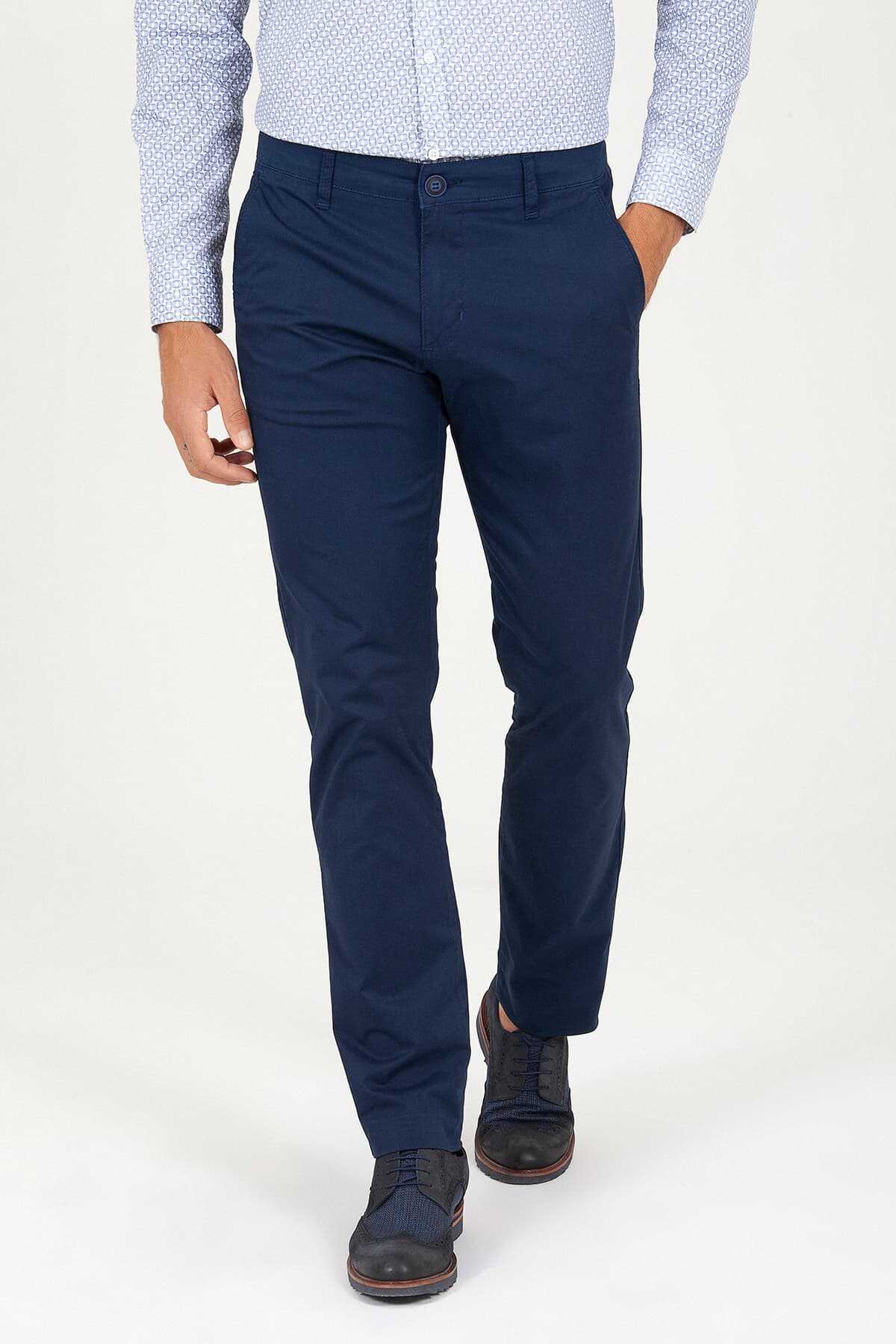 Lacivert Regular Fit Düz Pamuklu Yandan Cep Kanvas Pantolon - 1