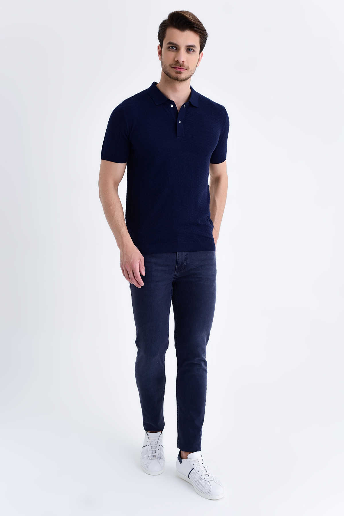 Lacivert Desenli Polo Yaka Tişört - 2