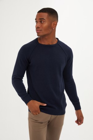 Lacivert Slim Fit Desenli Pamuklu Bisiklet Yaka Triko Kazak 