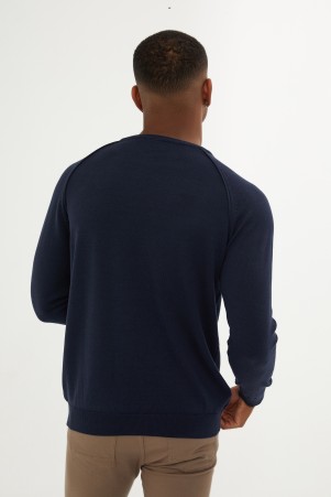 Lacivert Slim Fit Desenli Pamuklu Bisiklet Yaka Triko Kazak - 7