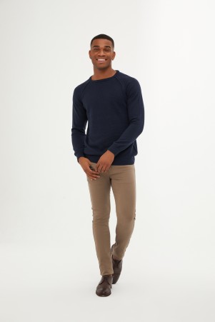 Lacivert Slim Fit Desenli Pamuklu Bisiklet Yaka Triko Kazak - 11