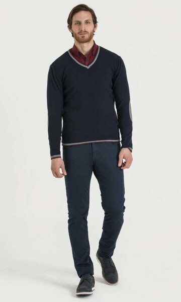 Lacivert - Bordo V Yaka Triko - 2