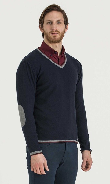 Lacivert - Bordo V Yaka Triko - 1
