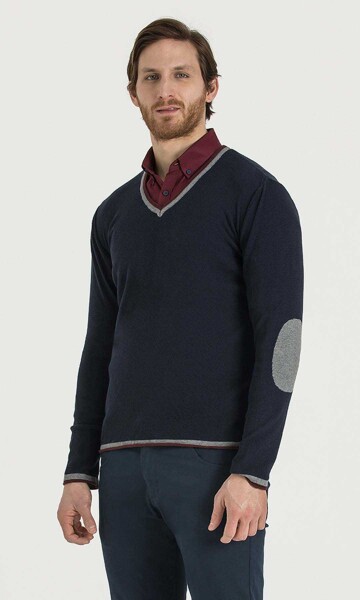 Lacivert - Bordo V Yaka Triko - 3