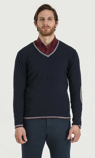 Lacivert - Bordo V Yaka Triko - 4