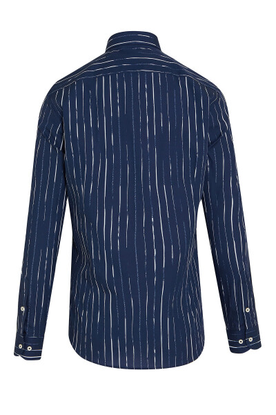 Lacivert Slim Fit Baskılı 100% Pamuk Uzun Kol Spor Gömlek - 2