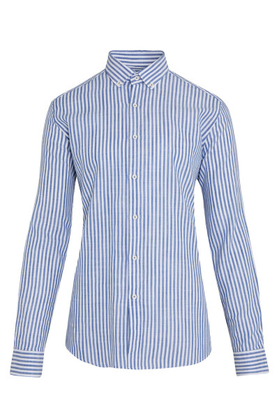 Lacivert Slim Fit Çizgili 100% Pamuk Uzun Kol Gömlek - 1