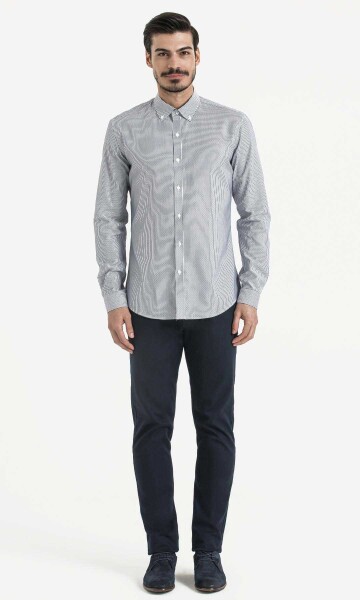 Lacivert Slim Fit Çizgili 100% Pamuk Uzun Kol Gömlek - 2