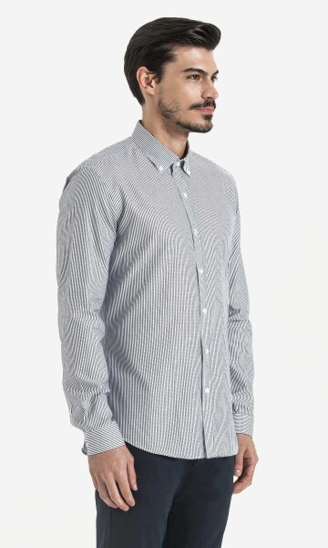 Lacivert Slim Fit Çizgili 100% Pamuk Uzun Kol Gömlek - 3