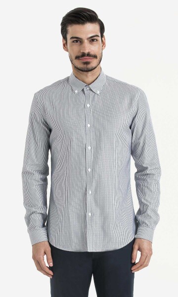 Lacivert Slim Fit Çizgili 100% Pamuk Uzun Kol Gömlek - 1