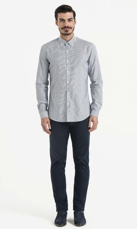 Lacivert Slim Fit Çizgili 100% Pamuk Uzun Kol Gömlek - 6