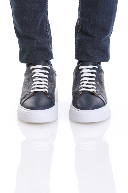 HTML - Lacivert Casual Bağcıklı Deri Sneakers