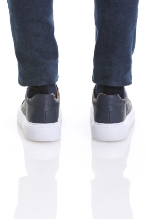 Lacivert Casual Bağcıklı Deri Sneakers - Thumbnail