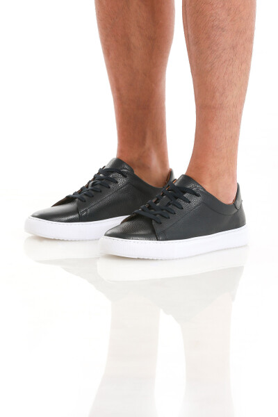 Lacivert Casual Bağcıklı Deri Sneakers - 2
