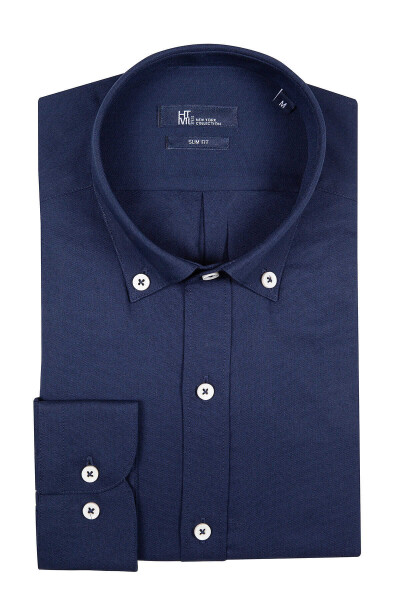 Lacivert Slim Fit 100% Pamuk Düğmeli Yaka Uzun Kollu Casual Oxford Gömlek - 1