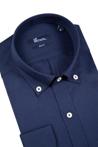 Lacivert Slim Fit 100% Pamuk Düğmeli Yaka Uzun Kollu Casual Oxford Gömlek - 2