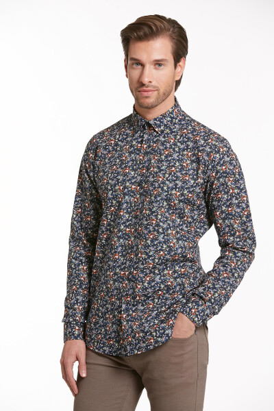Turuncu Comfort Fit Uzun Kol %100Pamuk Baskılı Casual Gömlek 