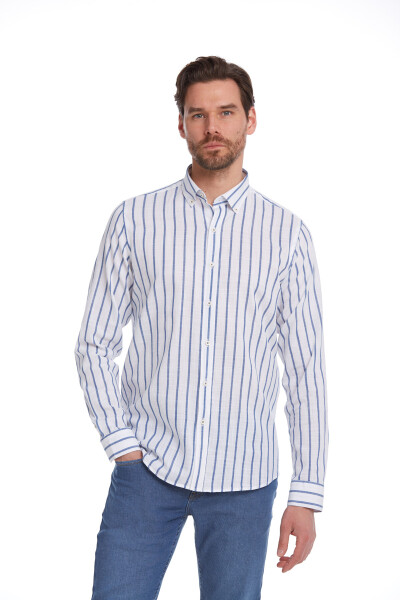 Lacivert Comfort Fit Çizgili 100% Pamuk Düğmeli Yaka Uzun Kollu Casual Gömlek 