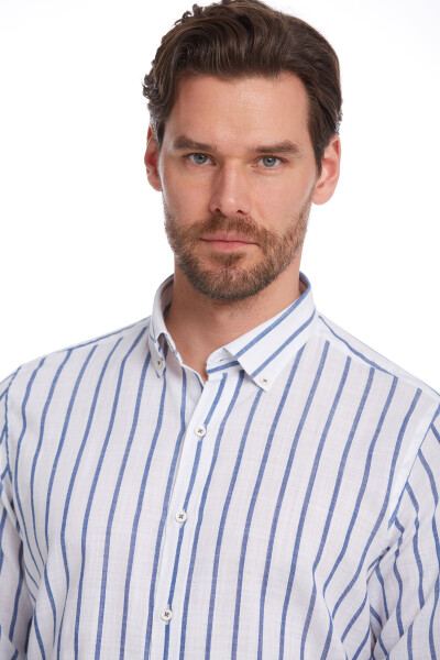 Lacivert Comfort Fit Çizgili 100% Pamuk Düğmeli Yaka Uzun Kollu Casual Gömlek - 7