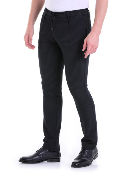 Lacivert Slim Fit Çizgili Yandan Cep Jogger Flanel Pantolon - 3