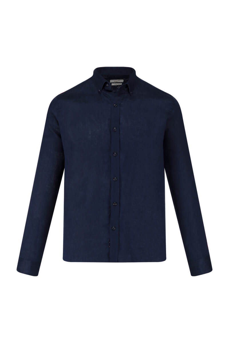 Lacivert Comfort Fit 100% Keten Düğmeli Yaka Uzun Kollu Keten Gömlek - Saykı